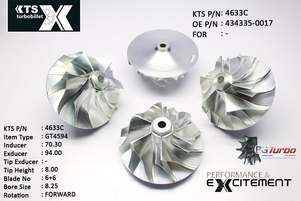 Turbo ROUE FORGÉE MFS PERFORMANCE - 6+6 PALES - INDUCER : 70,3 - EXDUCER : 94 - TYPE : GT4594ANGLE : 50° - ROTATION : Forward - SUPER BACK : 9,51 - BORE SIZE : 8,25
